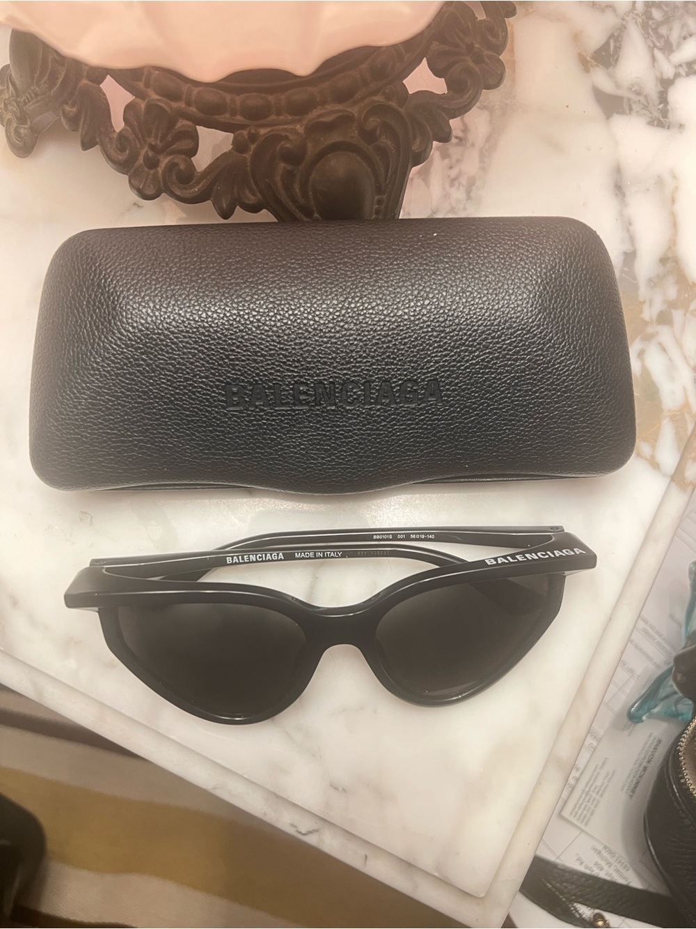 Balenciaga Black Cat-Eye Sunglasses with Embossed Case